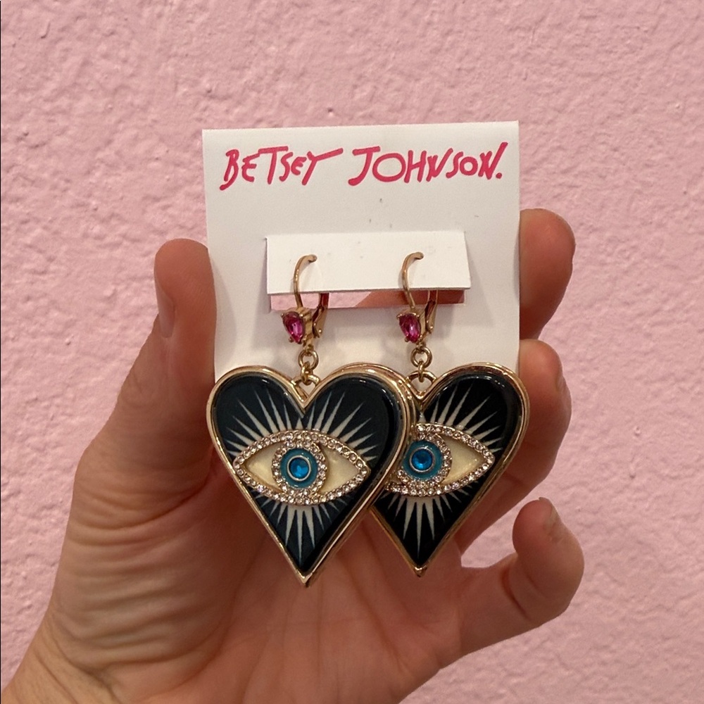 Betsey Johnson Black Heart Evil Eye Drop Earrings with Blue Center